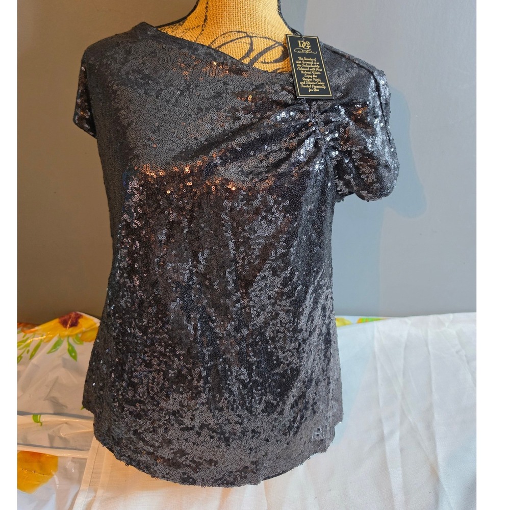 DG2 Diane Gilman Black Sequin Draped Neck Short Sleeve Top NWT